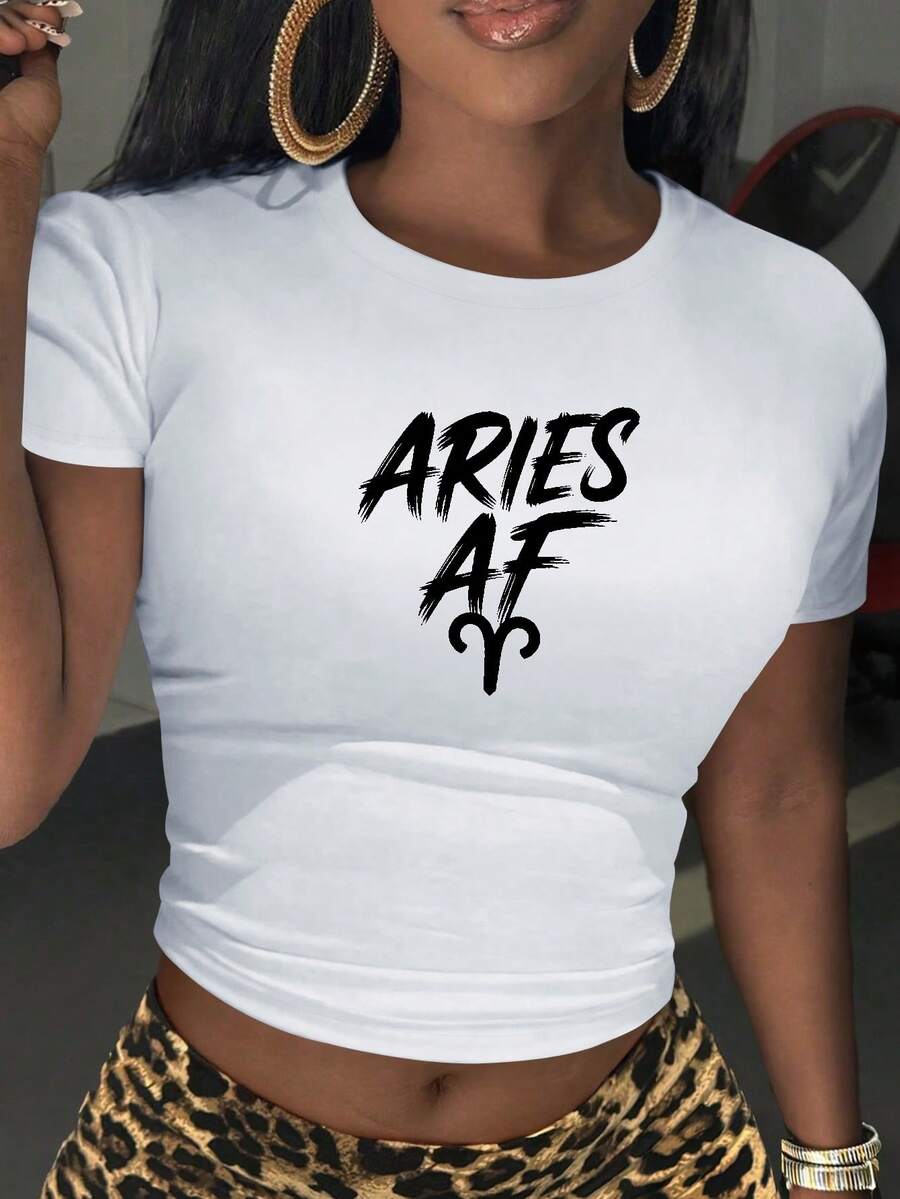 Aries OF Typography Women's Fashion Short Sleeve T-Shirt,Y2K Top Crop,Camisetas De Fiesta,Back To School,Vintage,Street Wear, Rock, Holiday, Vacation, Festival, Summer Tops - 白色 - 查看 1