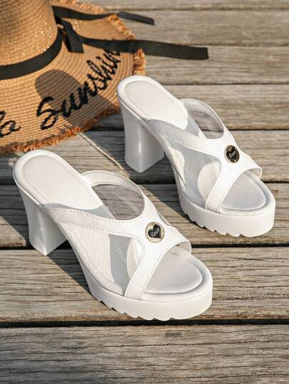 Red & White Heart Decor Thick Sole High Heel Sandals, Fashionable Versatile Chunky Heel Super High Heels Strap Shoes For Women