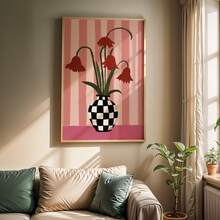 1pc Vintage Poster Decor, Showcasing Diverse Berry Pink Floral Canvas Art Piece, Depicting Tulips In A Checkered Vase. Ideal For Enhancing Living Room Or Bedroom Decor, Also A Thoughtful Gift For Friends. - E - View 5