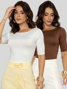 Kit 2 Women's Canoe Blouses Short Sleeve Basic Suplex Casual - Trắng và Nâu - Xem 7