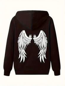 Plus Size - Plus Size Casual Hoodie With Printed Design On The Back - Black - View 12