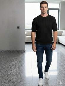 Men's Short-Sleeve Knit Sweater - Elegant Casual Slim Fit Style - 黑色 - 查看 2