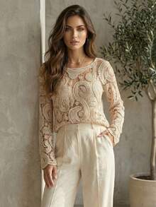Long-Sleeved Crochet Lace Blouse, Lightweight Cutout Design, And Street Style For A Casual Look. - 米色 - 查看 1