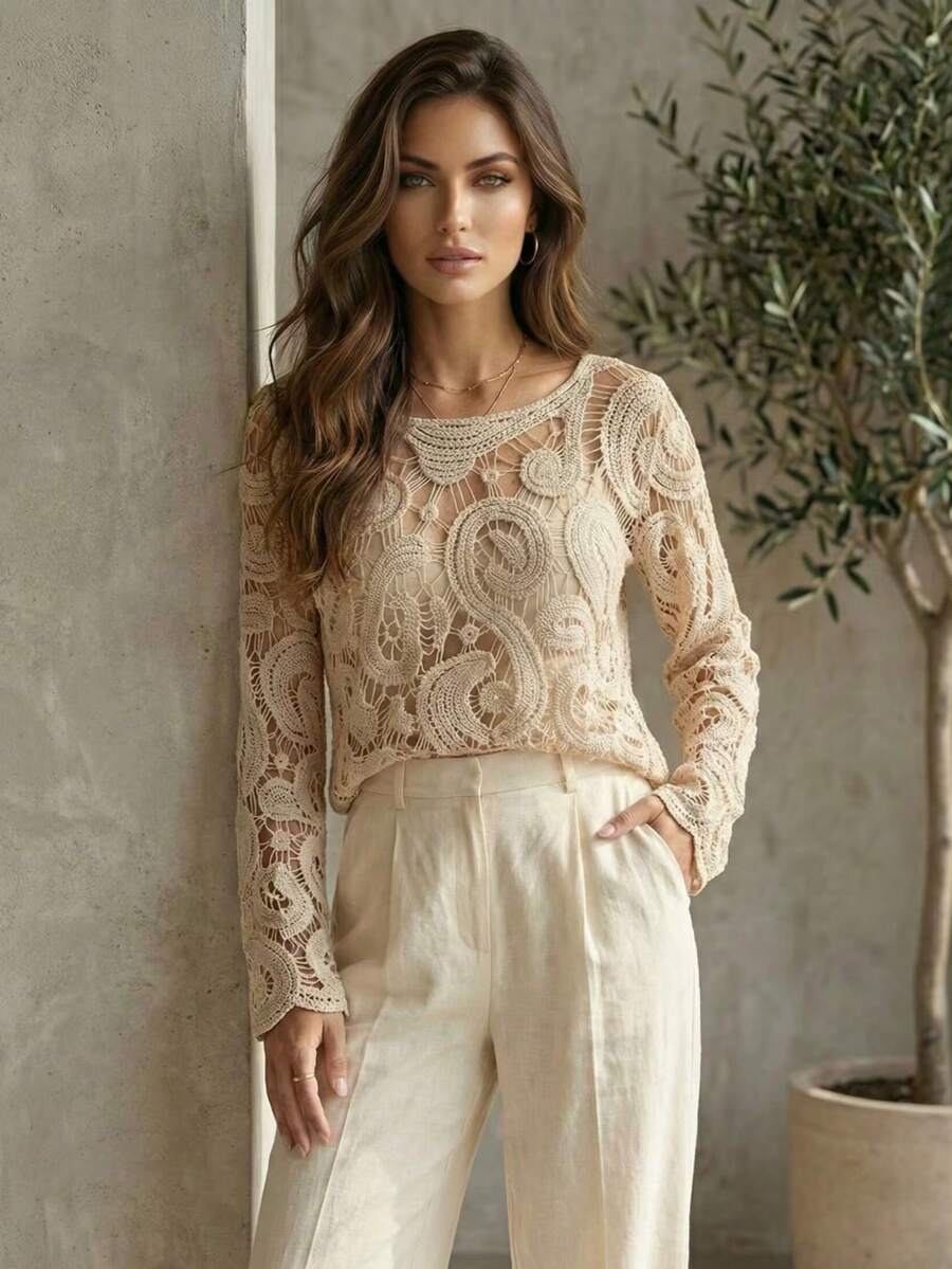 Long-Sleeved Crochet Lace Blouse, Lightweight Cutout Design, And Street Style For A Casual Look. - 米色 - 查看 1
