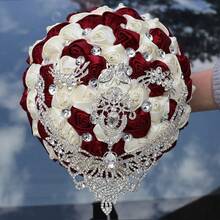1 Bouquet Luxury Tassel Butterfly Pearl Bridal Wedding Bouquet, Romantic Silver Crystal Satin Ribbon Rose, Dark Red & Cream Fabric Artificial Flower, Suitable For Wedding Ceremony, Proposal, Anniversary, Valentine's Day Gift - Bouquet - View 14