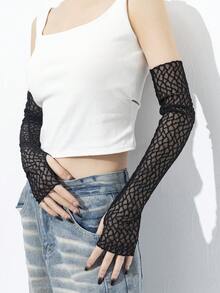 1pc New Punk Gothic Hollow Out Sleeve Cuff, Long Fingerless Arm Warmer Accessory - Black-184 - View 3