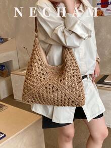 1 pezzo Borsa a spalla casual e minimalista di colore unito, grande capacità, stile versatile per le vacanze per le donne - Cachi - Visualizzare 6