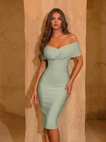 ADYCE Cross-Neck High Waist Zipper Back Fitted Mid-Length Bandage Dress For Wedding & Cocktail Party Summer Elegant - Mint Green - View 7
