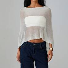 Women Sheer Mesh Poncho Top Crochet Knit Lightweight See Through Shawl Wrap Summer Oversized Loose Shrug Beachwear Swimsuit Bikini Cover Ups - Pearl White - 查看 7