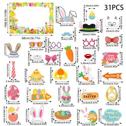 31件套复活节主题摄影道具套装，包含相框、趣味复活节兔子和小鸡纸质DIY拍照道具、派对自拍配件，适合户外花园、居家活动、礼品装饰、复活节礼物