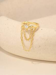 1PC 18K Gold Plated Star Dangle Chain Clicker, Dainty 925 Sterling Silver Flat Back Stud Earrings For Women Helix Hinged Clicker, Double Chain Conch Hoop Small CZ Helix Conch Tragus Piercing Jewelry - Style 1 - View 4