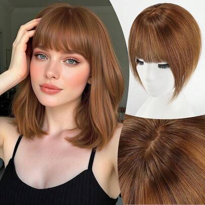 Women'S Realistic Clip-On Hair Topper With Bangs 3 Secure Clips, 360°Cover Top Hair Pieces 10 Inch Light Brown Straight Hairpiece For Bald/Thinning Hair