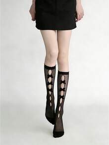 1双洛丽塔黑白过膝袜，蝴蝶结镂空设计，可爱法式女仆风腿套 - 彩色 - 查看 8