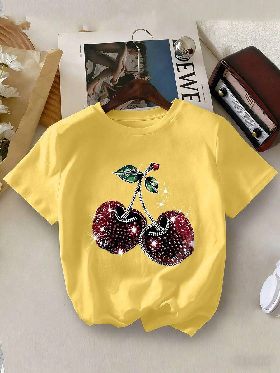 Cherry Print Round Neck Short Sleeve T-Shirt, Casual Children T-Shirt For Spring & Summer - Yellow - View 1