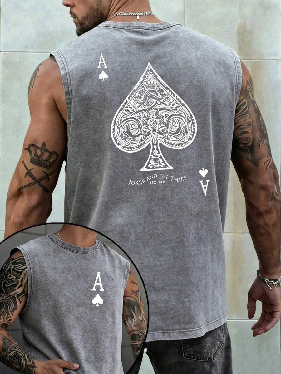 Men's Printed Vintage Washed Vest, Loose Fit, Casual Street Style, A Must-Have Item For Street Wear And The Gym. - Xám - Xem 1