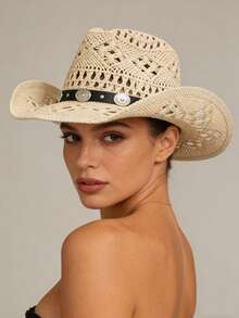 1pc Western Cowboy Hat, Hollow Floral Woven Straw Hat, Spring/Summer Travel Sun Protection Beach Hat, Casual Sun Hat (After Receiving The Product, If The Brim Is Deformed, It Needs To Be Manually Adjusted Back),Holiday,Festival - MZ3056+ML02 - View 12