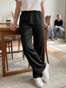 Pantalones para Mujer Marrón Sólidos, Cintura Elástica y Pierna Ancha Larga, Elegantes para Uso Casual y Fin de Semana en Verano - Negro - Ver 8