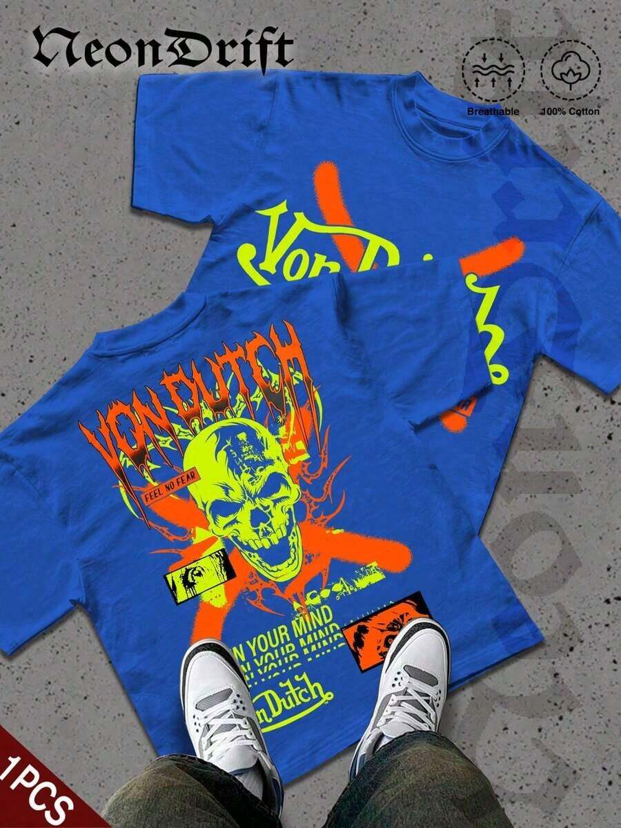 SummerNeonDrift Street Double-Sided Printing Cotton T-Shirt 100% Cotton Fabric Unisex Style-Men T Shirt Skull Graphic Print Neon Yellow Orange Cross Design Streetwear Fashion Casual Wear For Urban Style Fans Hip Hop Look Breathable 100 Cotton Comfortable FitLoose And Comfortablesummer Clothes - 寶藍色 - 查看 1