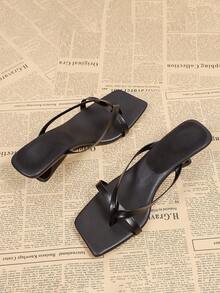 Square Toe Asymmetric Heel Women's High Heel Sandals, Black Summer Beach Casual Sandals - Black - View 4
