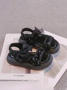 1 Pair Girls' Glitter Platform Sandals, Summer New Princess Style Bow Non-Slip Beach Shoes - Black - View 1