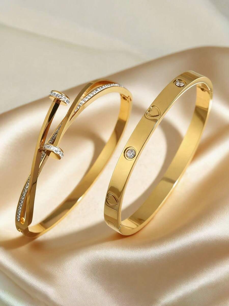 1pc/2pcs Elegant Stainless Steel Heart-Shaped Bracelet, Waterproof & Fade-Resistant, Suitable For Women, Daily Wear, Valentine's Day Gift, Wedding, Wrist Stacking Jewelry Set, Girls, Ladies, Mothers, Relatives, Friends, Beautiful Wedding, Birthday, Mother's Day - Yellow Gold - View 1