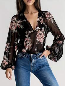 Women's Summer Casual Floral Print Chiffon Cover Up, Bohemian Flower & Leaf Pattern Sheer Beach Vacation Sexy Elegant Shirt, Cover-Up - Black - View 3