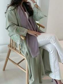 1PC Women's Open Front Kaftan – Mint Green Long Sleeve Maxi Dress With Palm Tree Embroidery On Cuffs, V-Neck Loose Fit Cover-Up In Lightweight Woven Fabric, Elegant Modest Clothing For Summer Beach & Daily Wear - Lime Green - View 3