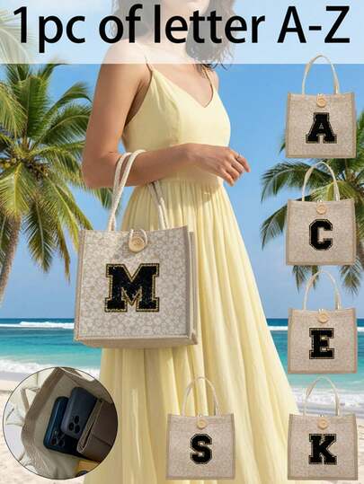 1 Pc Towel Embroidered Initials Pattern Handbag,Flower Printed Linen Handbag,Small Floral Linen Button Decorative Handbag,Simple Large-Capacity Handbag, Portable Casual Storage Tote Bag, Multifunctional Shopping Bag,New Design, Large Capacity, Ideal For Shopping, Shoulder Bag, Handbag, Lunch Bag, Lunch Box, Messenger Bag