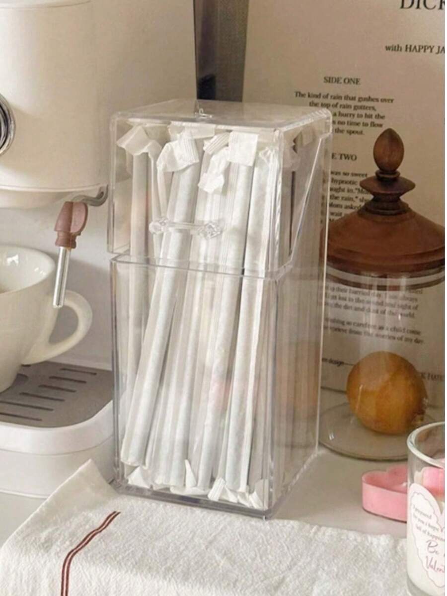 1pc Transparent Acrylic Dust-Proof Straw Holder, Pen Holder, Makeup Brush Holder With Cover, Capsule Coffee & Tea Bag Organizer, Cutlery Holder With Cover - Clear - View 1