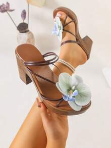 Women's Platform Wedge Sandals, Bohemian 3D Floral Decor, Retro Faux Wood Grain Platform Wedge Roman Slide Sandals. Fashionable Spring/Summer Thick Sole Wedge High Heel Sandals. Suitable For Daily Wear, Parties, Vacations, Gatherings, Banquets, Weddings, Fashion Shows. Can Be Paired With Camisoles, T-Shirts, Shirts, Bikinis, Skirts, Dresses, Shorts. - Baby Blue - View 4