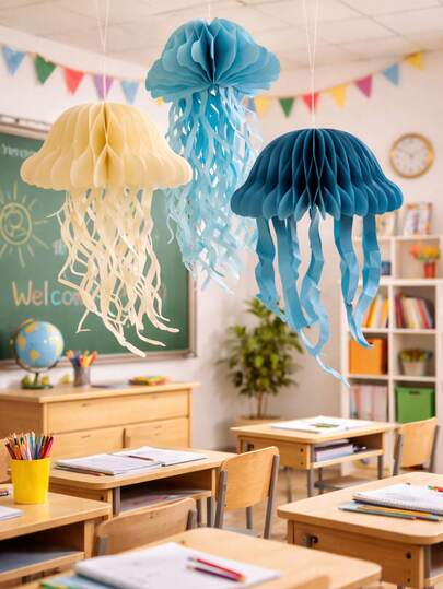 Paper Jellyfish Hanging Decoration – Ocean Theme Nursery Room Decor, Blue & Cream Underwater Party Supplies, Baby Room Ceiling Mobile Ornament, Kids Bedroom Wall Hanging, Sea Life Birthday Decor, Baby Shower Decoration