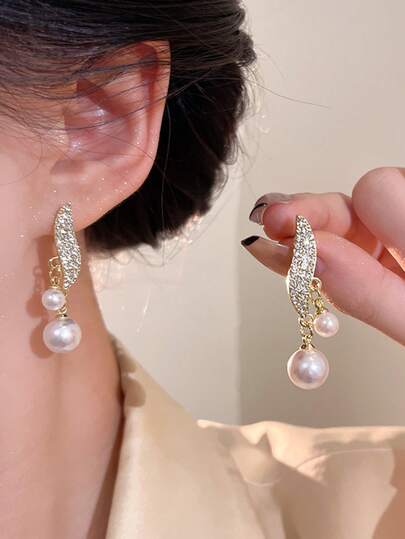 1 Pair Sparkling Rhinestone Wing Shaped Earrings With Pearl, Elegant & Versatile Daily Wear, Suitable As Anniversary Gift