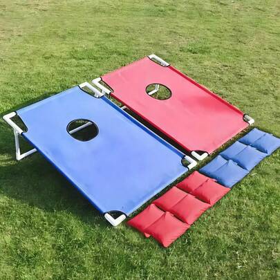 2件套红蓝便携式投掷沙包游戏套装 - 包括2个游戏板+6个沙包，投掷沙包架套装，趣味飞盘游戏，户外游戏，可折叠耐用足球门和沙包游戏套装，适合户外运动、室内娱乐、节日礼物