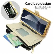 VIETAO Multifunctional Zipper Wallet Faux Leather Mobile Phone Case Bag Compatible With Samsung Galaxy Z Fold 4 5 6 7 Wrist Band Golden Plated Protective Cover - Off White - View 6