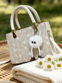 女士草编包 | 花卉图案沙滩手提包 | Y2K风格夏季度假单肩包/斜挎包，适合春夏海滩休闲度假 - 彩色 - 查看 6