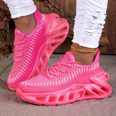 Lila Flügelblatt Lässig Schuhe, leicht atmungsaktiv Strickgewebe, hochrückprallende stoßabsorbierende Blatt-Laufsohle, modischer Straßen-Stil Paar Laufschuhe