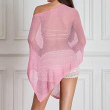 Women Sheer Mesh Poncho Top Crochet Knit Lightweight See Through Shawl Wrap Summer Oversized Loose Shrug Beachwear Swimsuit Bikini Cover Ups - 淺粉色 - 查看 7
