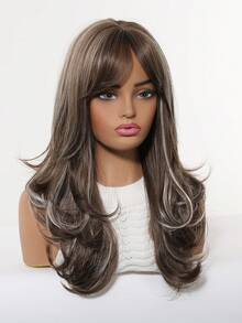 20 Inch Machine Made Long Curly Dark Brown Balayage Wavy Wig With Fringe, Voluminous Body Wave Adjustable Strap For Party Ready - Brown - View 3