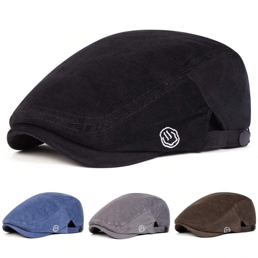 1顶男士笑脸刺绣灯芯绒贝雷帽，时尚户外休闲帽，适合秋冬季街头、商务和派对穿着 - 多色 - 查看 1