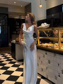 Women's New French Style Sleeveless V-Neck Textured Satin Long Sleeve Slim Fit Dress - 白色 - 查看 5
