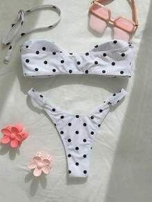 新款时尚性感波点印花无肩带可拆卸肩带比基尼泳衣，女士沙滩派对必备 - 黑與白 - 查看 3