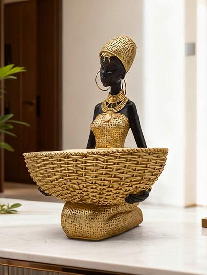 Hộp đựng đồ trang trí hình người phụ nữ châu Phi, chất liệu dệt tương phản đen và vàng, trang trí sáng tạo, thích hợp để trên bàn phòng khách, đựng chìa khóa và vật dụng nhỏ ở lối vào, sắp xếp trang sức, bàn đầu giường phòng ngủ, phụ kiện bàn làm việc văn phòng, đồ nội thất mềm mại cho gia đình.