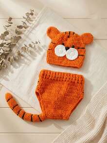 2pcs Baby Cartoon Tiger Design Suits Newborn Photography Prop Hand-Knitted Hat And Shorts Set With Long Tail Photos Accessories - Multicolor - View 4