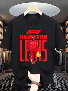 Men's Casual T-shirt,Racing Fans' Must - Have Black Cotton F1 Driver Hamilton Graphic T - shirt - Negro - Ver 1