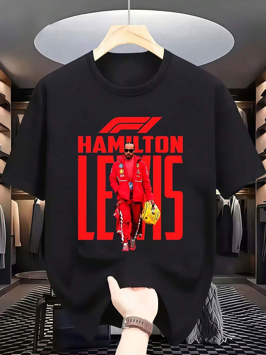 Men's Casual T-shirt,Racing Fans' Must - Have Black Cotton F1 Driver Hamilton Graphic T - shirt - Negro - Ver 1