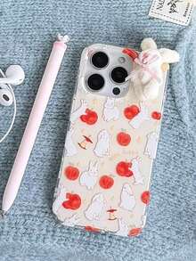 1个可爱卡通涂鸦红色苹果3D毛绒兔子防震全包手机壳，适用于 11/12/13/14/15/16/17/PROMAX，米色 - 米色 - 查看 4