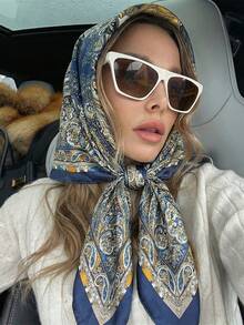 1pc Bohemian Style Vintage Paisley & Ditsy Floral Silk Bandana Scarf, Lightweight Breathable Shawl For Spring/Summer Casual & Outdoor Wear Holiday Essential Hair Accessories Summer Hair Bands Beach Headband - Royal Blue - View 3