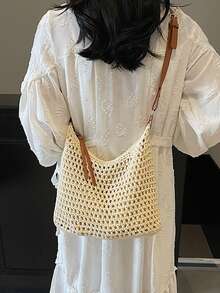 2025新款镂空单肩编织沙滩包，大容量通勤手提包，适合度假 - 米色 - 查看 5