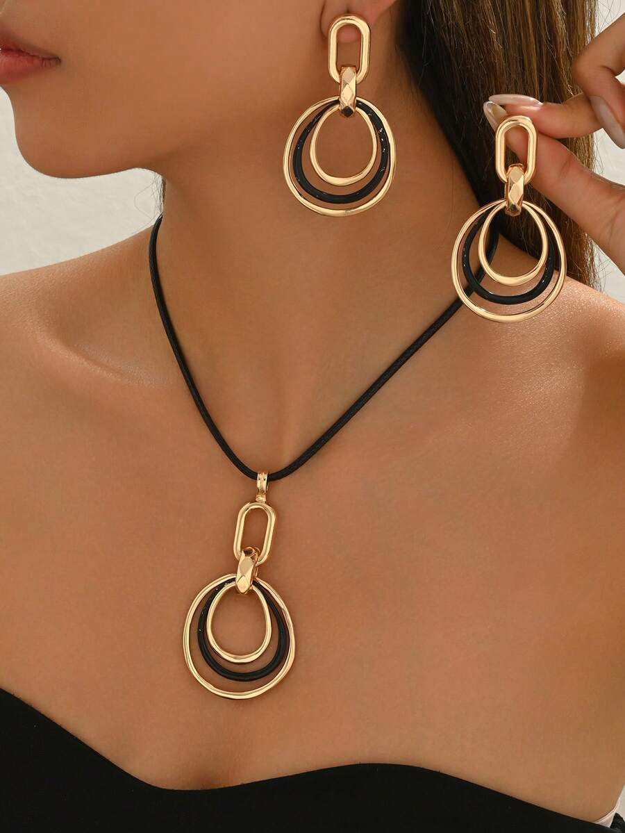 1 Set de Aretes Geométricos Huecos Colorblock y Collar a Juego, Adecuado para Fiestas y Uso Casual de Mujeres - Oro y negro - Ver 1