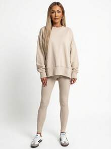 Women's 2 Piece Loungewear Set - Soft Ribbed Oversized Sweatshirt & High Waist Leggings-Ultra Soft Pajama Set For Women  - Casual Tracksuit For Airport Outfit & Lounging-Cozy Matching Outfit For Travel Yoga Home - Màu be - Xem 9